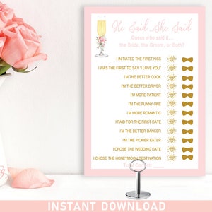 Printable He Said She Said Bridal Shower Game, PDF file, fun unique party game, Petals and Prosecco Champagne glass INSTANT DOWNLOAD 138 imagem 1