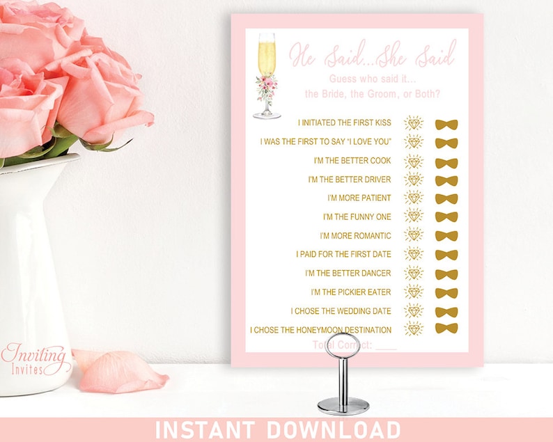 Printable He Said She Said Bridal Shower Game, PDF file, fun unique party game, Petals and Prosecco Champagne glass INSTANT DOWNLOAD 138 imagem 1