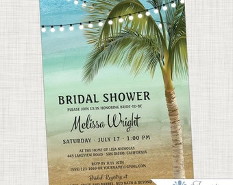 Beach Bridal Shower Invitation, Beach, Palm Tree, Tropical, Lights, Ocean, Wedding Shower