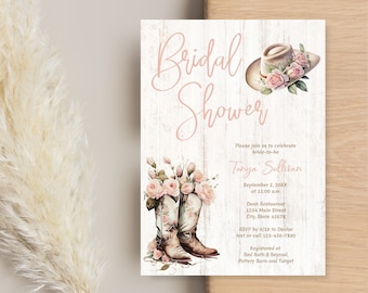 Dusty Rose Pink flowers Cowboy Boots Bridal Shower Invitation, rustic western country cowgirl invite, Texas, farm, ranch, boho, TEMPLATE 220