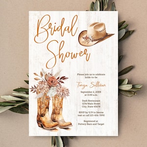 Boho Terracotta flowers Cowboy Boots Bridal Shower Invitation, rustic western country cowgirl invites, Texas, farm, ranch | TEMPLATE 423