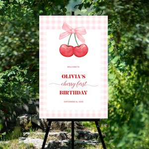 Cherry 1st Birthday Welcome Sign Poster, coquette bow cherry first birthday preppy invites, sweet as cherry pie theme  TEMPLATE 346