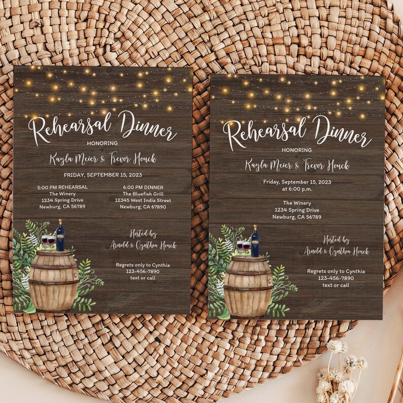May include: Two rustic wood-grain wedding rehearsal dinner invitations with string lights, a watercolor illustration of a wine barrel with greenery, and the text "Rehearsal Dinner" honoring Kayla Meier & Trevor Houck. The invitations include the date, time, and location of the rehearsal dinner and the dinner.