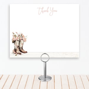 Pink Cowboy Boots Thank You Note card, blush pink floral, rustic western country farm cowgirl, thank you flat card 4.25x5.50" | TEMPLATE 220
