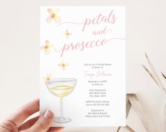 Petals and Prosecco Bridal Shower Invitation, Champagne Bridal Shower theme, Wedding Shower, falling pink floral | PRINTABLE TEMPLATE 201