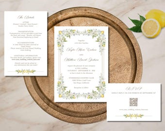 Lemon Italian Wedding Invitation Suite Amalfi Coast Template Citrus Floral Mediterranean Printable RSVP Details | TEMPLATE 625