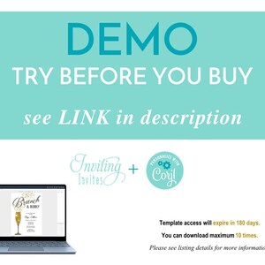 May include: A teal and white graphic with the text "DEMO TRY BEFORE YOU BUY see LINK in description". A laptop displays a "Brunch & Bubbly" invitation template. The image also includes the logos for "Inviting Invites" and "Personalize with Corjl".