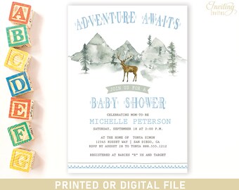 Rustic Mountain Baby Shower Invitation, baby boy shower invite featuring deer and trees, Woodland Baby Shower, Adventure Awaits