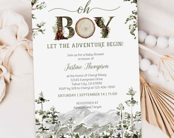 Oh Boy Let the Adventure Begin Rustic Forest Mountain Baby Shower invitation coed couples baby shower tree woodland boy invites TEMPLATE 443