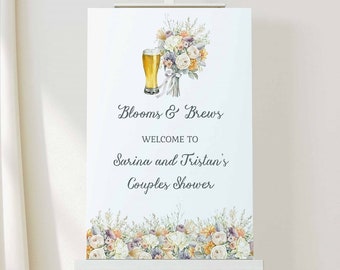 Blooms and Brews Couples Shower Welcome SignTemplate, beer and bouquet bridal shower, pastel floral, spring flowers | DIGITAL DOWNLOAD 309