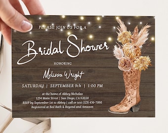Boho Cowboy Boots Bridal Shower Invitation, pampas grass, terracotta rustic western country cowgirl invite DOWNLOAD TEMPLATE | 203