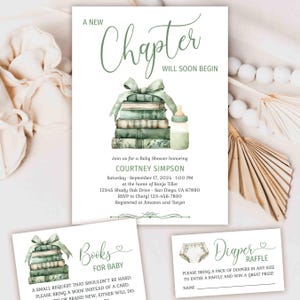A New Chapter Will Soon Begin Book Baby Shower Invitation card, Library Storybook theme invite, green books, gender neutral TEMPLATE 436