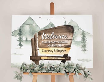 National Park Adventure Awaits Baby Shower Welcome Sign, Woodland Forest Mountain Coed Baby Shower Poster, Woodsy Nature Camper TEMPLATE 387