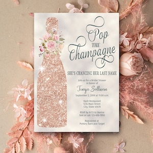 Rose Gold Bridal Shower Invitation TEMPLATE, Pop the Champagne She's Changing her Last Name, pink brunch and bubbly Invites DOWNLOAD #114