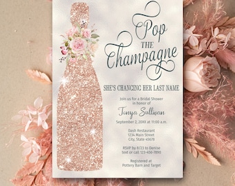 Rose Gold Bridal Shower Invitation TEMPLATE, Pop the Champagne She's Changing her Last Name, pink brunch and bubbly Invites DOWNLOAD #114