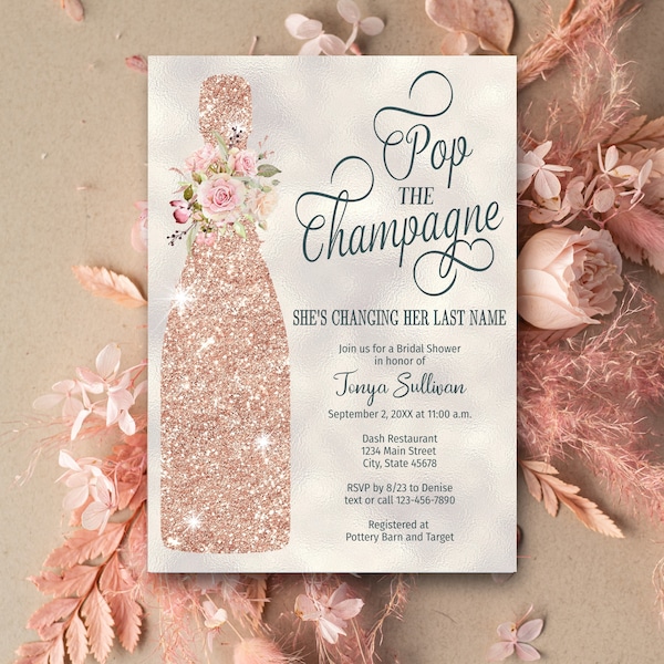 Rose Gold Bridal Shower Invitation TEMPLATE, Pop the Champagne She's Changing her Last Name, pink brunch and bubbly Invites DOWNLOAD #114
