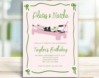 Pilates and Matcha Birthday Party Invitation | Unique Pink Girl DIY Invite | Editable Printable TEMPLATE 575