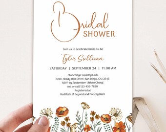 Fall Wildflower Bridal Shower Invitation Template, Terracotta Burnt Orange Flowers, Autumn Theme Bridal Shower Invite EDITABLE TEMPLATE 537