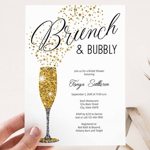 Brunch and Bubbly Bridal Shower Invitation | Champagne Theme Invite | black and gold glitter Bridal Shower PRINTABLE EDITABLE TEMPLATE 174