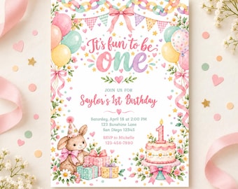 It's Fun to Be One First Birthday Invitation, Pastel Bunny Girl, Editable Template (DIGITAL or PRINTED 643)