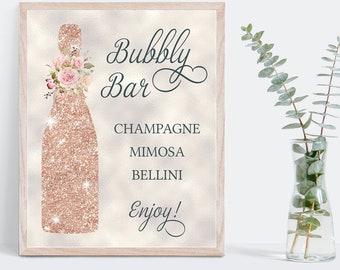 Editable Bubbly Bar Sign, Rose Gold Champagne Bottle, 8x10 Bridal Shower Sign |  TEMPLATE 114