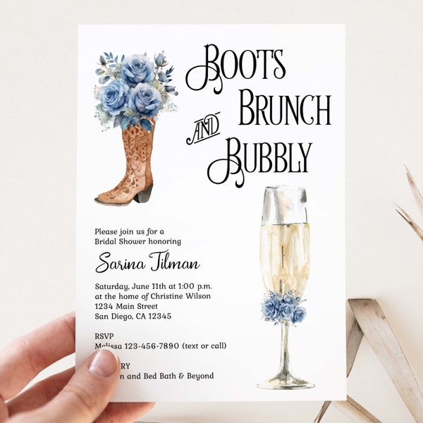 BLUE Cowboy Boots Brunch and Bubbly Bridal Shower Invitation Champagne Theme Invite Floral Cowgirl Rustic Farm Western Country TEMPLATE 275