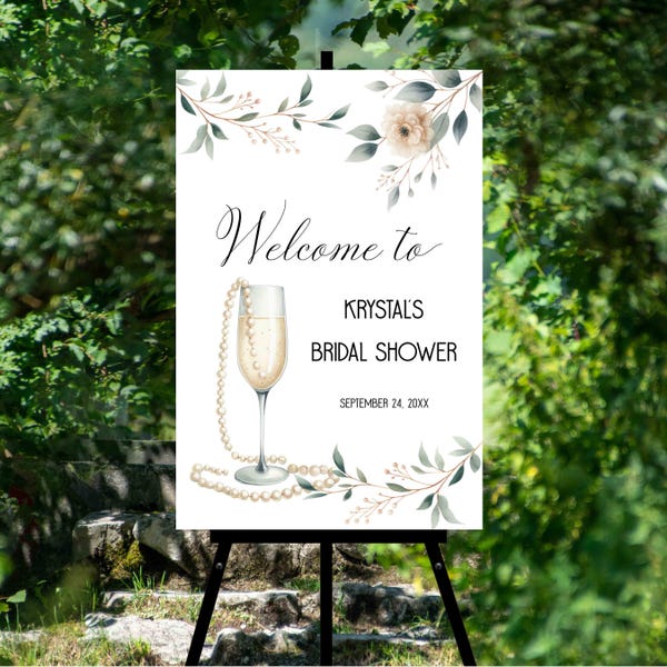 Pearls and Prosecco Bridal Shower Welcome Sign Poster, Champagne Brunch Shower, Traditional Wedding Shower White floral flowers TEMPLATE 429