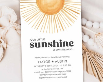 Sun Baby Shower Invitation, Sunshine coed baby shower, modern boho sun baby sprinkle, a little ray of son, boy, girl DIGITAL TEMPLATE 386