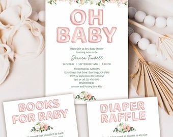 Pink Oh Baby Balloons Shower Invitation card, watercolor blush pink floral flowers Couples Coed Shower bundle set, baby girl TEMPLATE 355