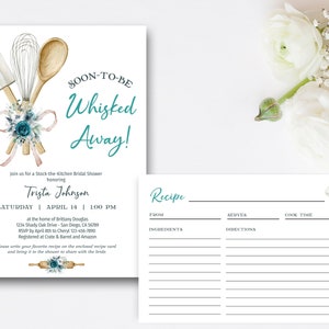 TEAL Whisked Away Bridal Shower Invitation with recipe card, Stock the Kitchen Invite, baking kichen bridal shower theme TEMPLATE 254