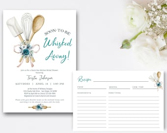 TEAL Whisked Away Bridal Shower Invitation with recipe card, Stock the Kitchen Invite, baking kichen bridal shower theme TEMPLATE 254