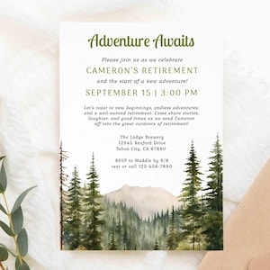 Mountain Retirement Party Invitation Template, Work Party, Woodland Forest Pine Mountain flyer, Rustic Sage  DOWNLOAD TEMPLATE 506