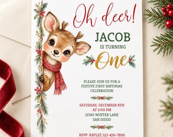 Oh Deer Christmas First Birthday Invitation, Editable Winter Reindeer Template (DIGITAL or PRINTED 642)