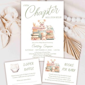 A New Chapter Will Soon Begin Book Baby Shower Invitation card, Library Storybook theme invite pastel teddy bear books for baby TEMPLATE 382