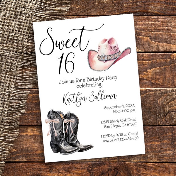 Sweet 16 Birthday Invitation Cowboy Cowgirl Boots Invite with pink and black Rustic Country Sweet Sixteen, Sweet Sixteenth 16th TEMPLATE 368