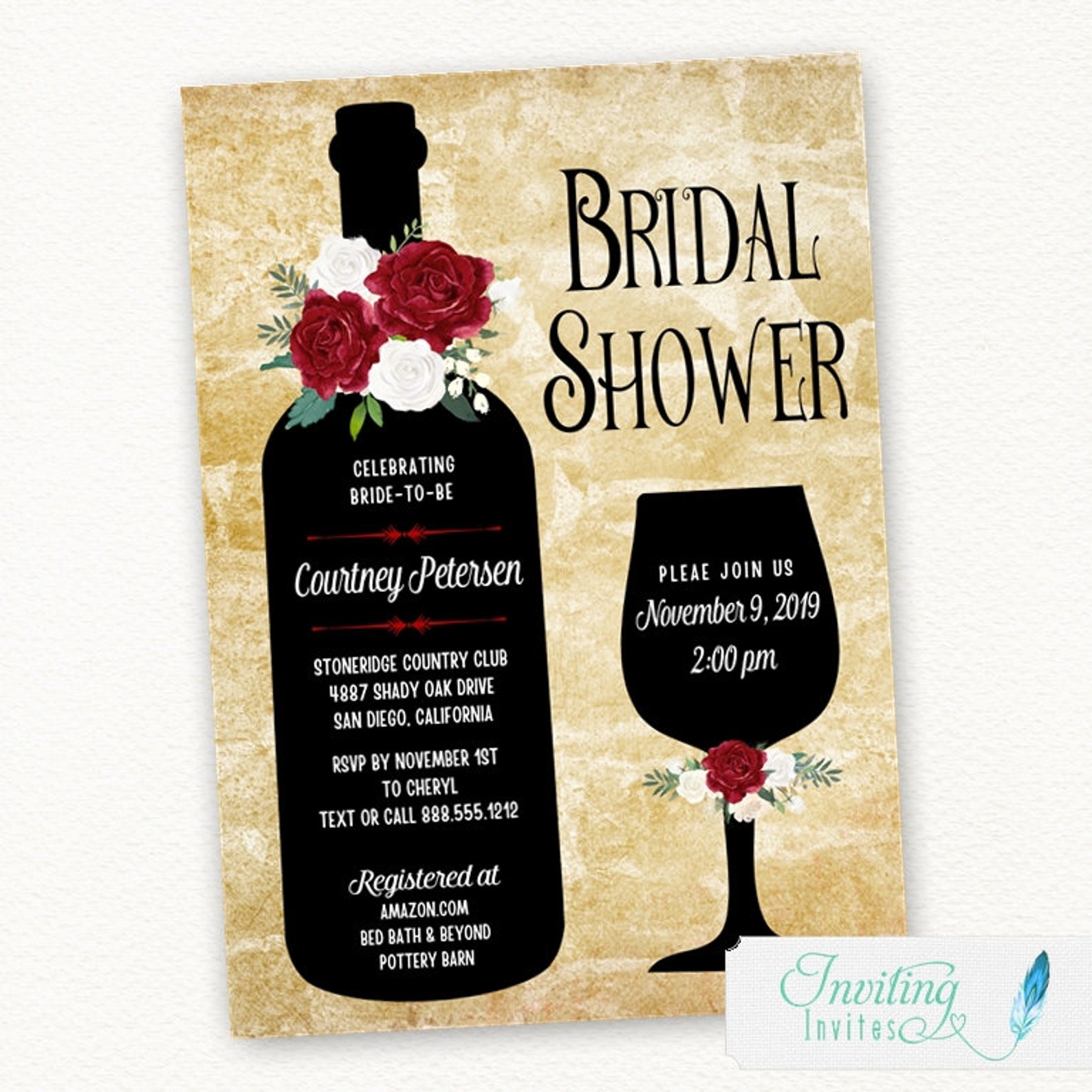Red Rose Wine Bridal Shower Invitation Wine Tasting Winery Etsy