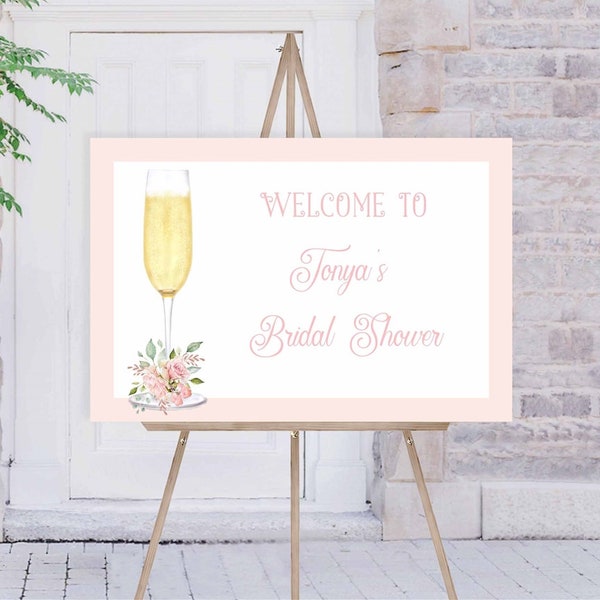 Petals and Prosecco Bridal Shower Welcome Sign, Champagne Theme Wedding Shower, blush pink floral  flowers | EDITABLE TEMPLATE 136