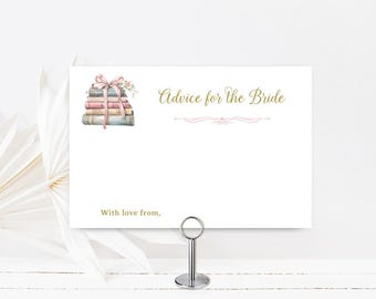 Advice for the Bride to Be card, bridal shower game, book advice card, pink book themed love story library invite  PRINTABLE TEMPLATE 354