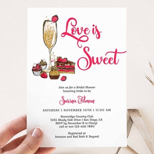Love is Sweet Bridal Shower Invitation, Champagne Brunch and Bubbly Invite, Valentine Theme, Dessert, Candy, red Strawberries TEMPLATE 190