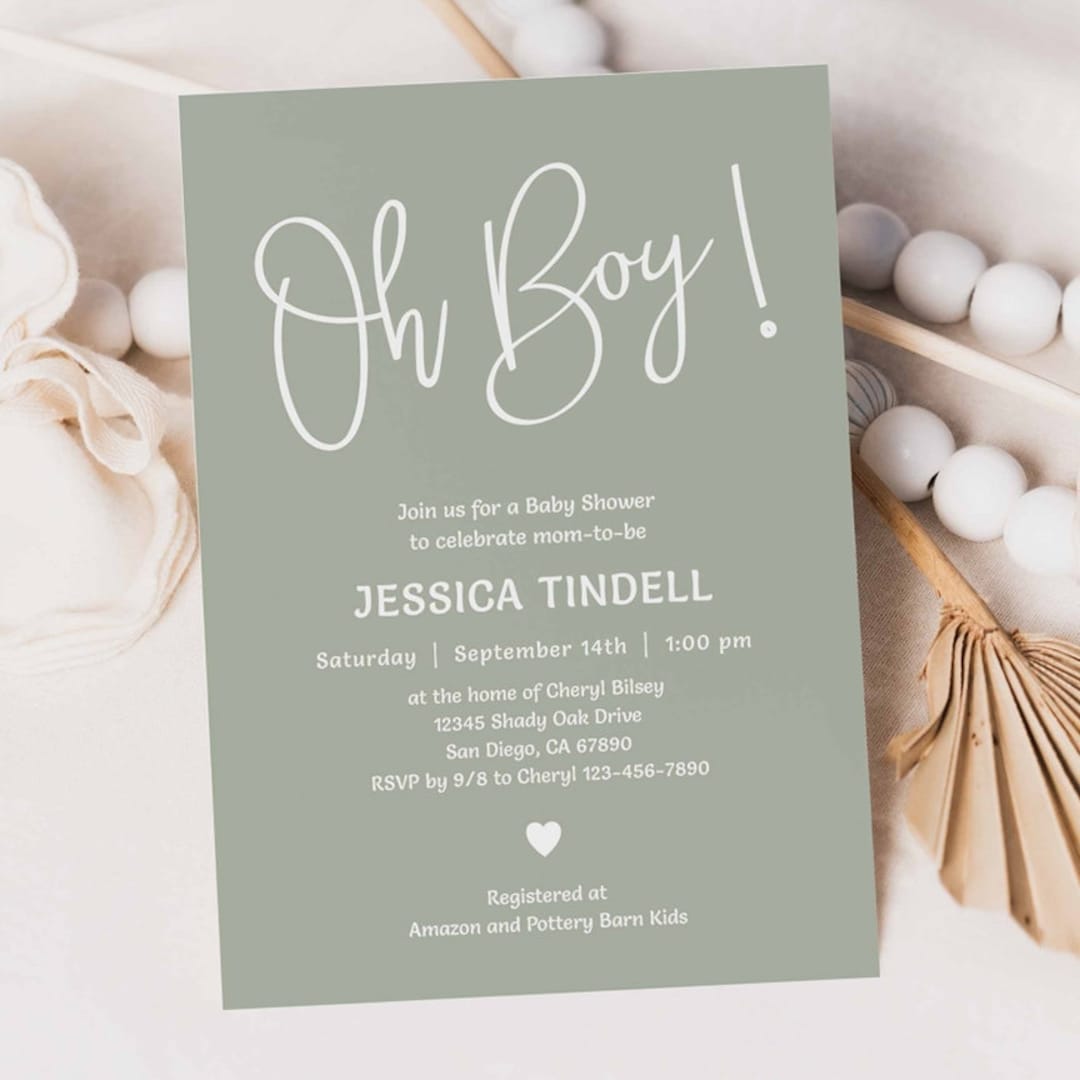 Oh Boy Baby Shower Invitation Template Sage DIY Baby Shower Etsy