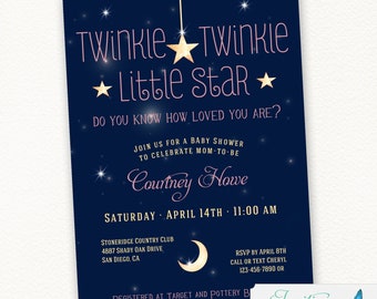 Twinkle Twinkle Little Star Baby Shower Invitation, Twinkle Twinkle Baby Shower, Girl Baby, stars, moon, night, Pink, Invite, Printable