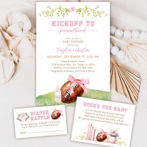 Kickoff to Parenthood Football Baby Shower Invitation Template, Tailgate DIY Pink Bow Girl Shower Invite, Touchdown Baby Shower TEMPLATE 404