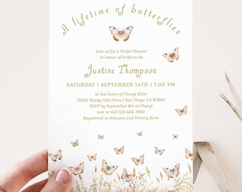 Butterfly Bridal Shower invitation template with wildflowers, Lifetime of Butterflies wildflower boho vibes Shower Invites, Pink Gold | 339