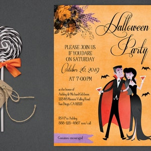 Vampire Couple Halloween Invitation for Adults, Halloween Invite, Costumes and Cocktail Party, Elegant Annual Halloween Party, Printable image 1