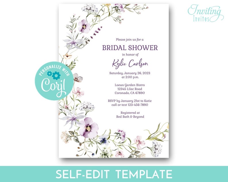 Floral Bridal Shower Invitation Template, Purple Lavender Floral ...