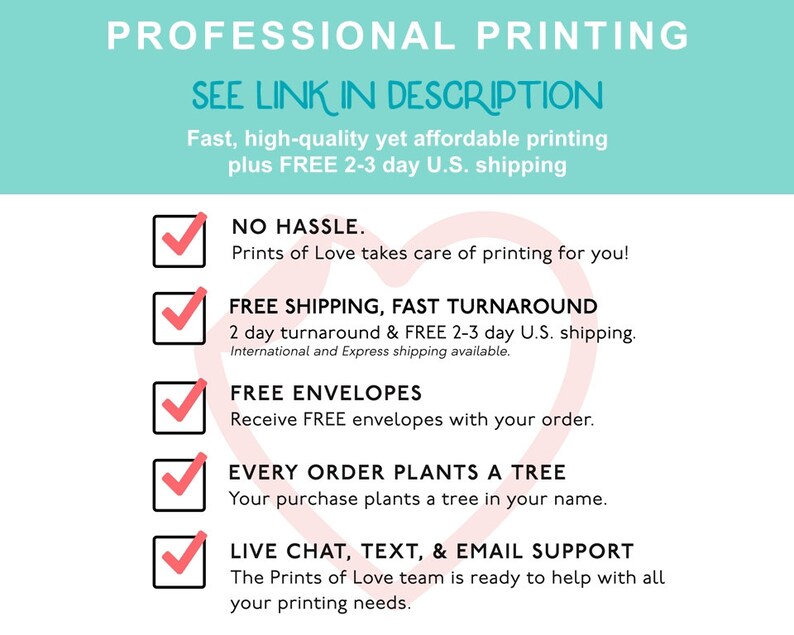 May include: A promotional graphic with the text "PROFESSIONAL PRINTING" and "SEE LINK IN DESCRIPTION". It highlights fast, high-quality printing with free U.S. shipping. Additional features include free envelopes and tree planting with every order.