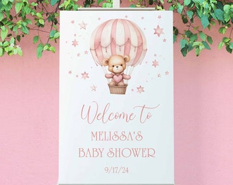 Bear Baby Shower Welcome Sign for girl, Blush Pink We Can Bearly Wait Welcome Poster, Teddy Bear Cub Hot Air Balloon | TEMPLATE 357