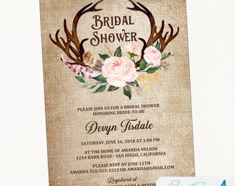 Antler Bridal Shower Invitation with Blush Pink flowers and feather, Rustic Invite, Country hunting Boho | Printed or Printable