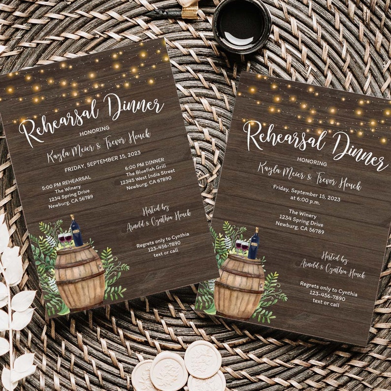 May include: Two rustic wood-grain wedding rehearsal dinner invitations with string lights, a watercolor illustration of a wine barrel, and the text "Rehearsal Dinner" and "Kayla Meier & Trevor Houck".