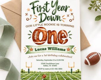 First Year Down Football Birthday Invitation, Editable Rookie 1st Birthday, Corjl Template (DIGITAL or PRINTED 644)